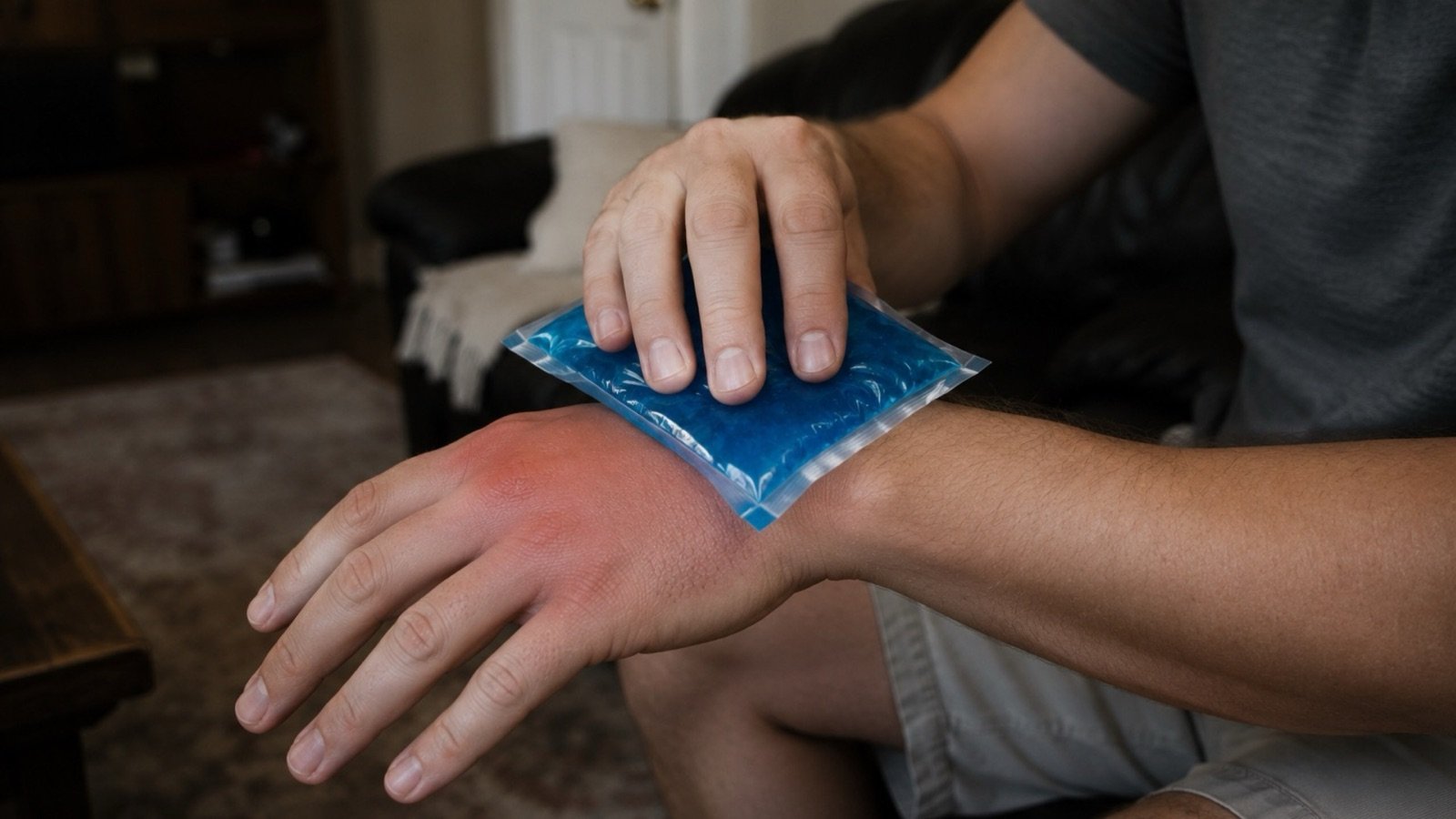 A person holding a blue gel cold pack against a red, swollen spot on the back of the hand.