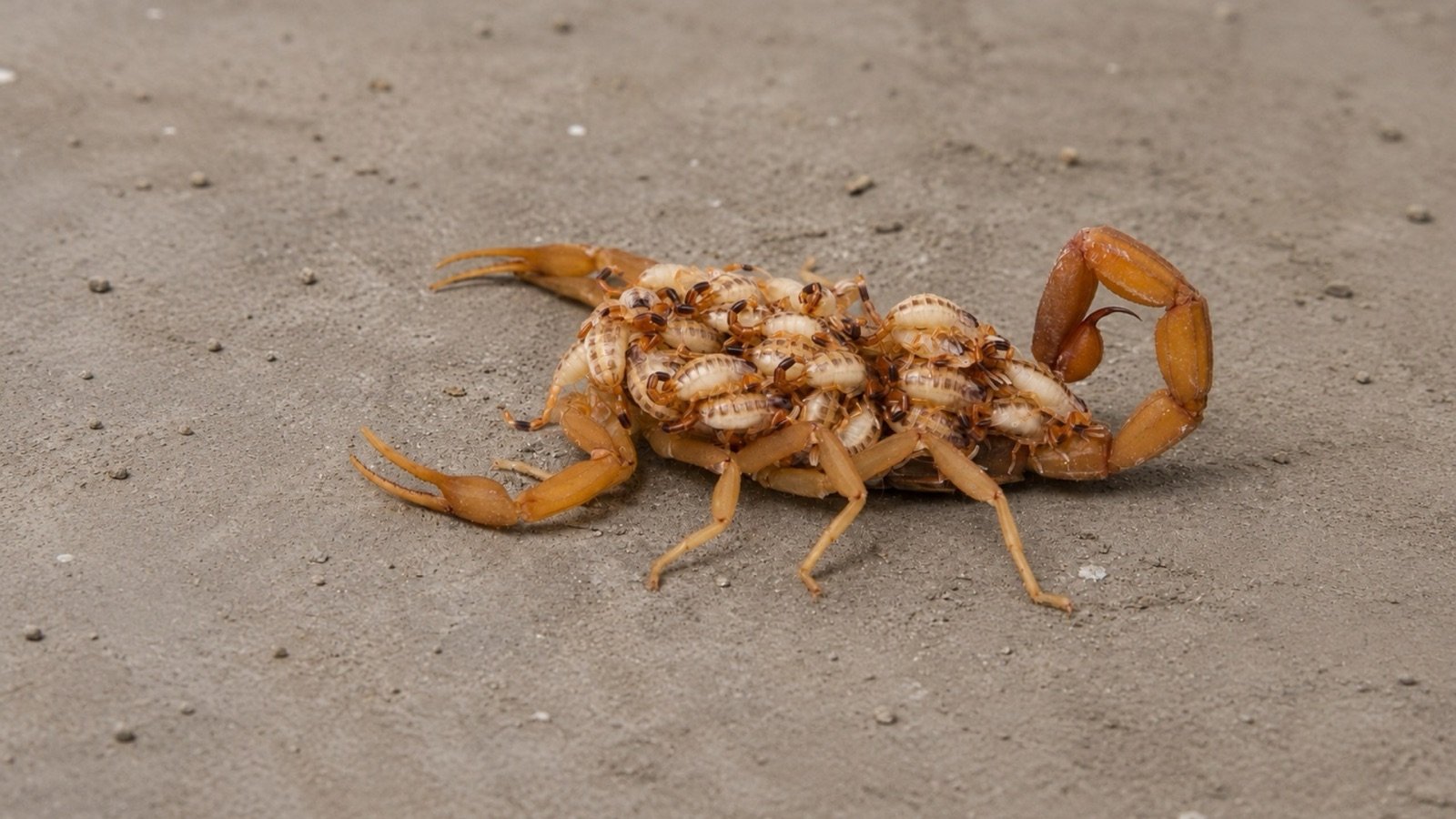 A female striped bark scorpion carrying a cluster of pale newborn young on her back on a concrete surface.
